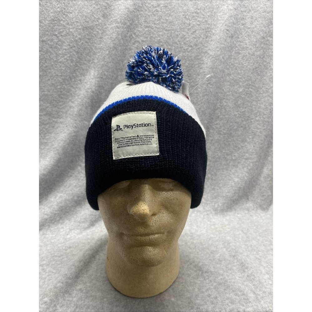 PlayStation NWT One Size Knit Beanie Ski HAT Skull CAP Blue White Black POM rare
